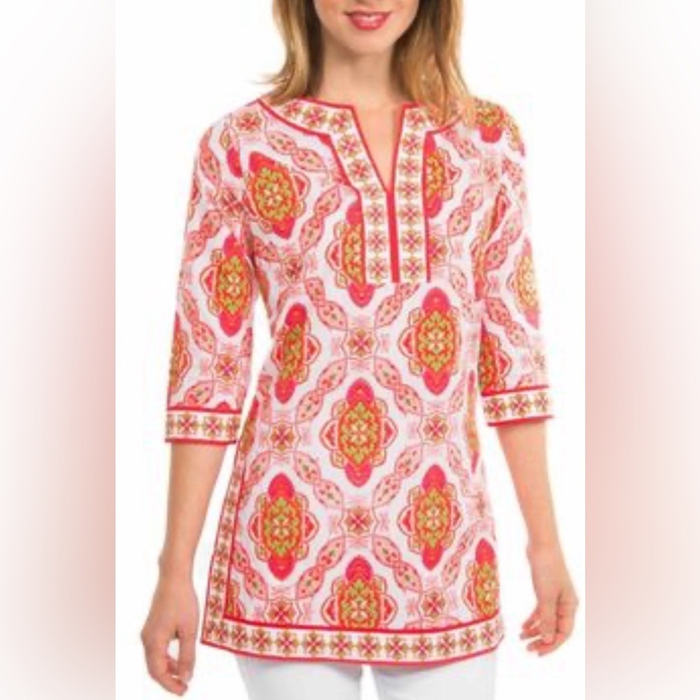 Gretchen Scott Lightweight Pink Orange Medallion Boho Cotton Tunic Top — Size M - Picture 2 of 15